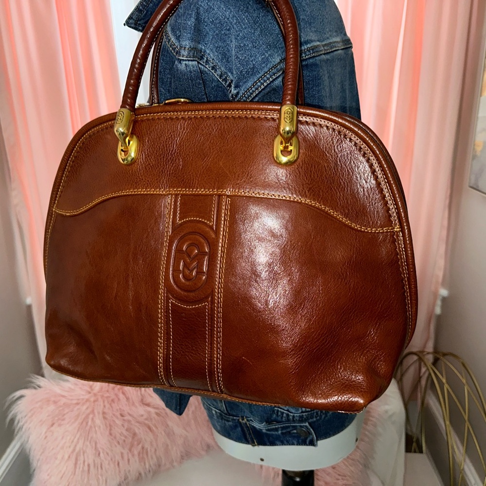 Vintage Marino Orlandi Cognac Italian Leather Large Bowling Bag Style Satchel